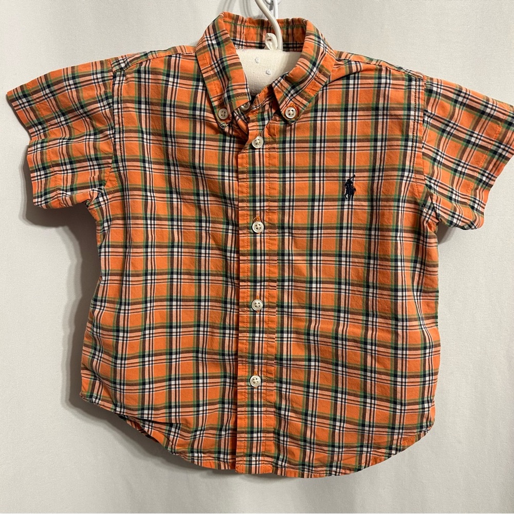Boys Ralph Lauren Orange Plaid Kids Polo Shirt. Size 18m